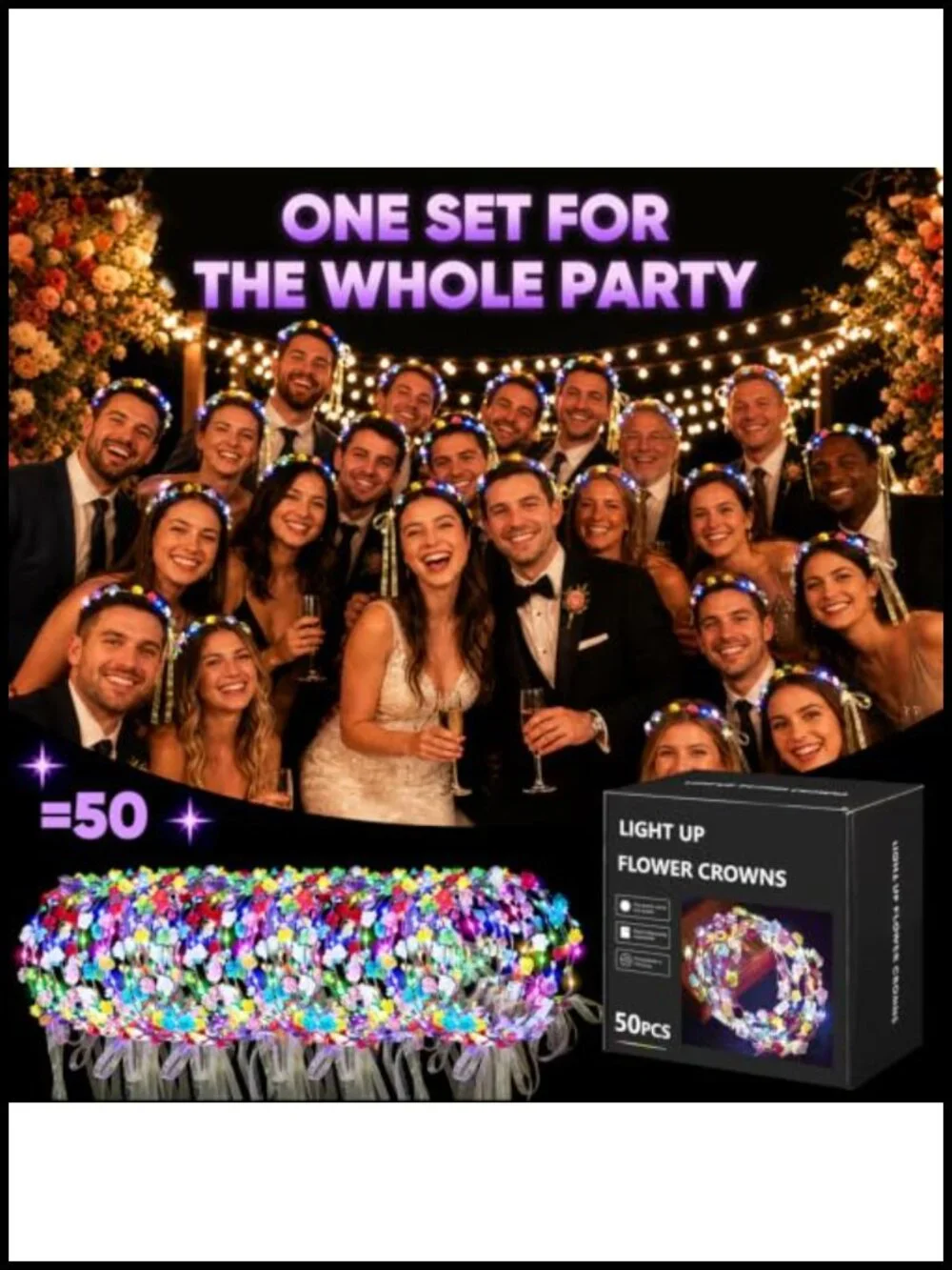 50 LED Flower Crowns Headbands Glow in Dark Party Favors Ribbons Floral